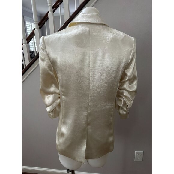 NWT Cinq a Sept Kylie Scrunched-Sleeve Satin Blazer Ivory Size 2 One-Button Jack - Picture 3 of 5
